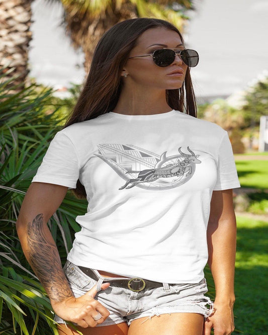 RUGBYNOMAD white organic cotton womens classic streetwear t shirt with tribal south africa artistic design,f emale model standing hand in pocket, wearing jean shorts, black sunglasses, green trees background