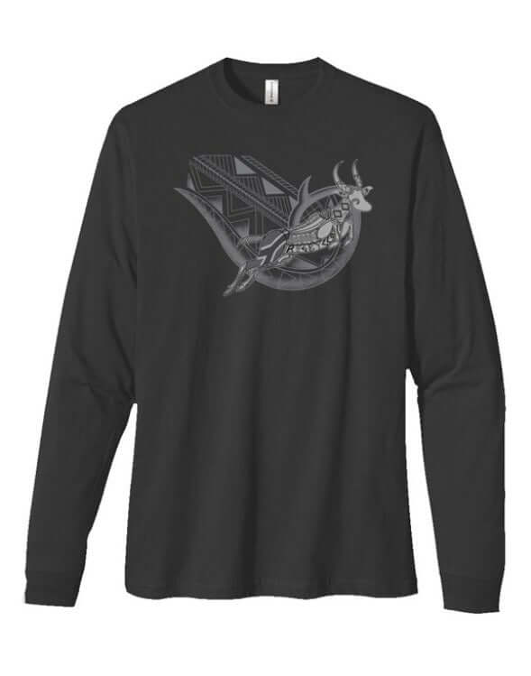 RUGBYNOMAD black organic cotton heavyweight long sleeve streetwear t shirt with a south african springbok tribal design