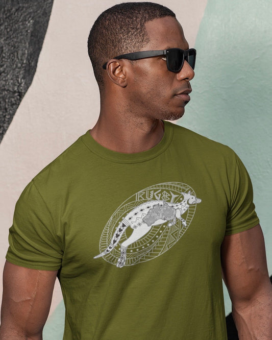 RUGBYNOMAD olive color organic cotton streetwear t shirt on a male model standing in front of wall, gray australia wallaby tribal design