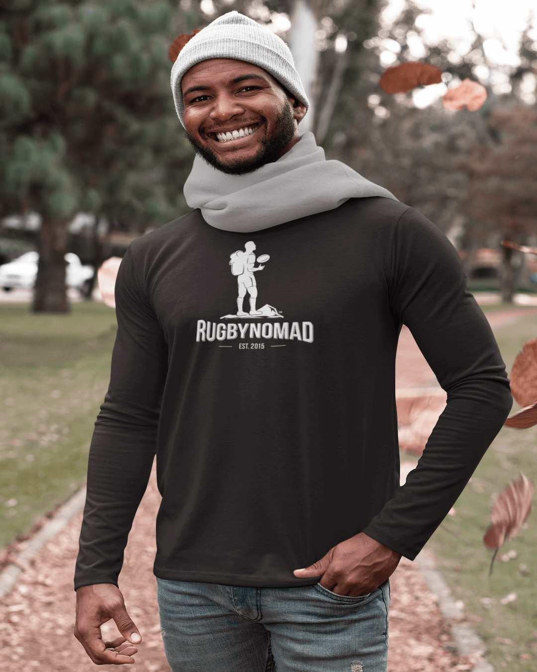 RUGBYNOMAD black organic cotton heavyweight long sleeve t shirt on male model, rugbynomad original complete logo white