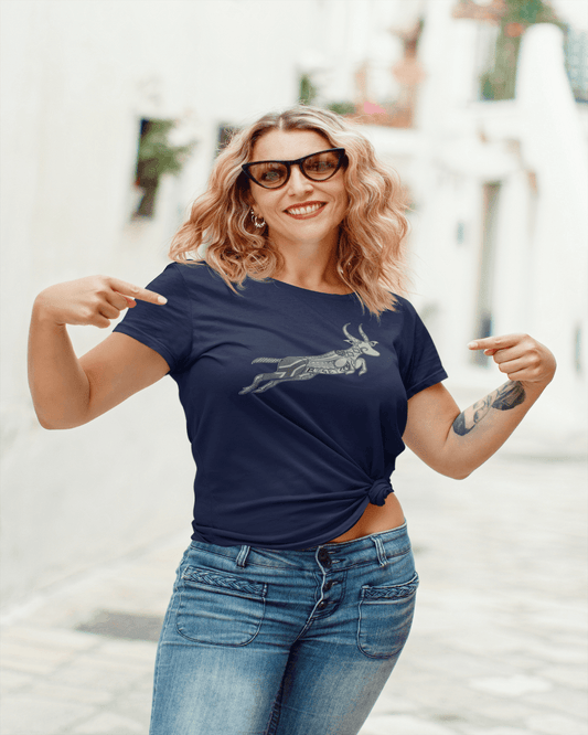 RUGBYNOMAD black organic cotton womens classic streetwear t shirt south africa springbok design, women model, balck sunglasses, blue jeans, blonde hair, in street, arm tattoos