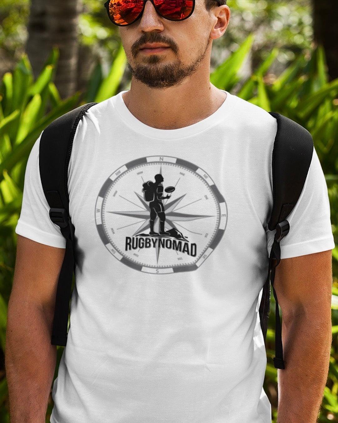 RUGBYNOMAD white organic cotton heavyweight unisex short sleeve streetwear t shirt original logo design black, compass, male model , backpack, dark sunglasses, jungle